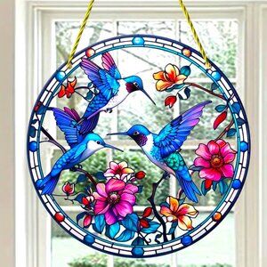 Suncatcher Hummingbird Flowers Hanging Window Decor Art Colorful In/Outdoor